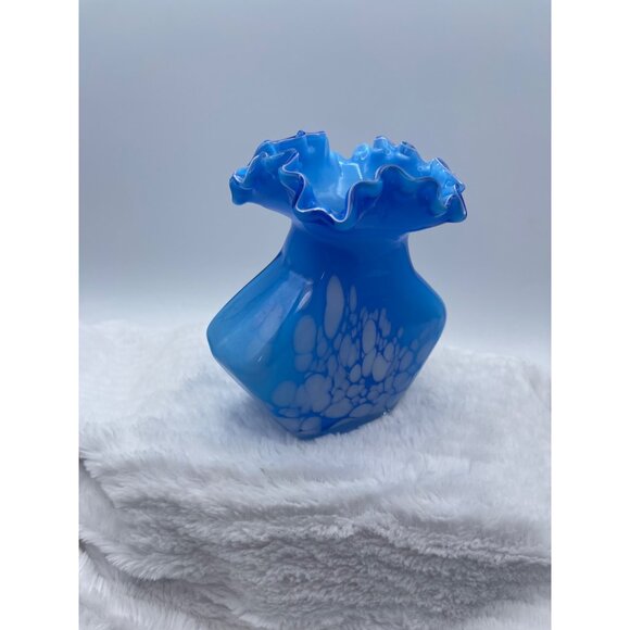 Vintage Hand-Blown Vase Bright Sky Blue and White Accents, Ruffled Edge - Picture 2 of 10